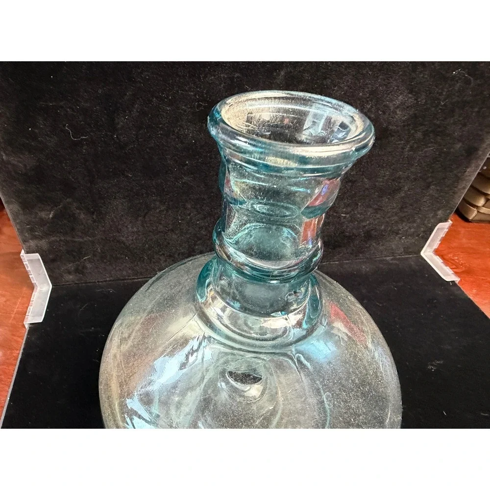 Handblown‎ Light Blue Glass Decanter Vase Tripod Footed Base Ringed Neck 8 inch